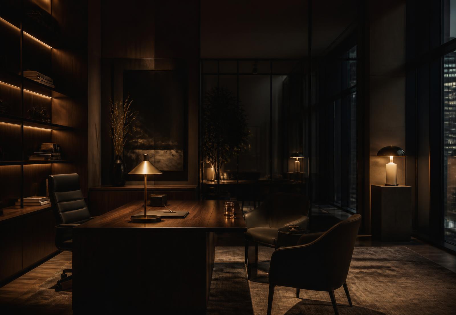 Dark, warmly lit boutique consultancy office interior